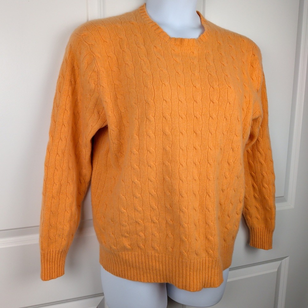 Cable Knit Sweater 100% Cashmere Sherbet Orange XL Quiet Luxury